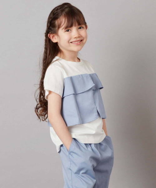 a.v.v（アーヴェヴェ）の「[100-130]【2点セット】フリルトップス&ショートパンツセットアップ（その他トップス・キッズ・ダークインディゴブルー/ベージュ・120/100/130/110）」の9枚目の写真