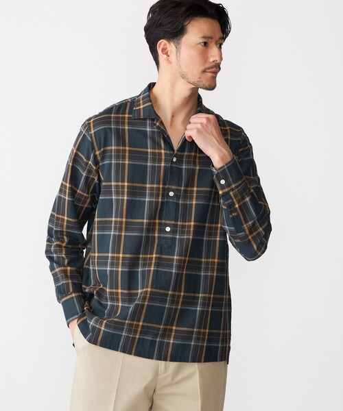 SHIPS（シップス）の「SHIPS: オープンカラー コットン マドラスチェック プルオーバー シャツ（シャツ/ブラウス・メンズ・ブラウン/ネイビー・L/M/S/XL）」の3枚目の写真