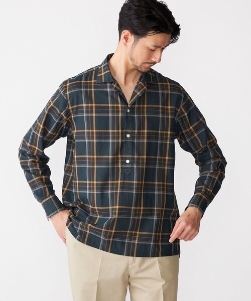 SHIPS（シップス）の「SHIPS: オープンカラー コットン マドラスチェック プルオーバー シャツ（シャツ/ブラウス・メンズ・ブラウン/ネイビー・L/M/S/XL）」の4枚目の写真