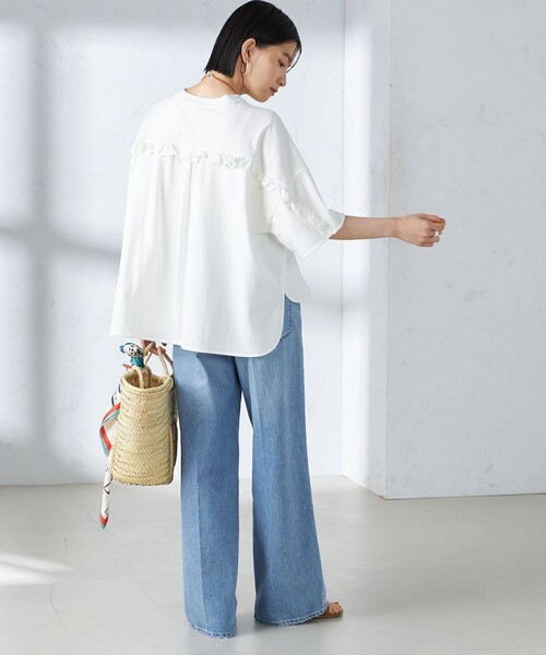 JENNE ネイビー ホワイト ストライプ フリル袖 半袖トップス