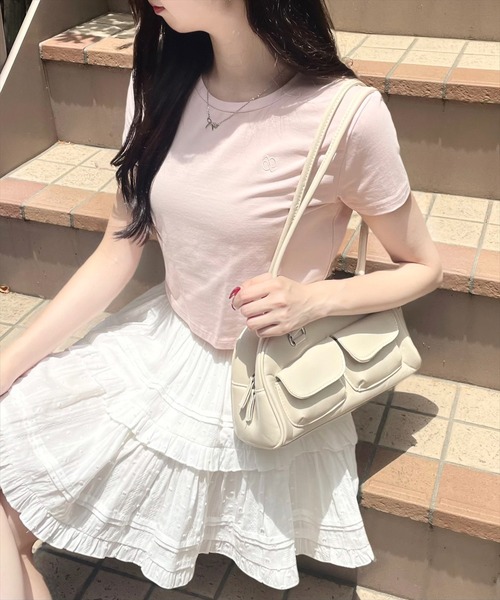 clear（クリア）の「ワンポイント刺繍チビTシャツ［半袖 ショート丈 クロップド丈］≪再入荷≫（Tシャツ/カットソー・レディース・オフホワイト/ピンク/イエロー/ブラック・F）」の13枚目の写真