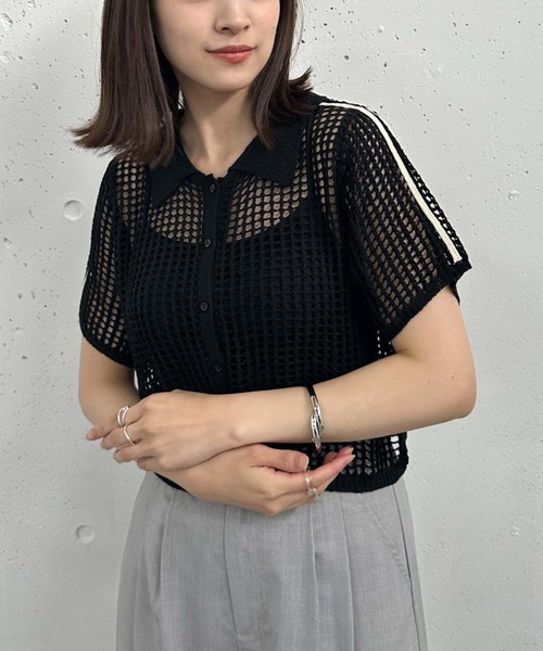 archives(アルシーヴ)の「ラインメッシュハーフスリーブポロニット(ニット/セーター・レディース・オレンジ/アイボリー/ブラック・MEDIUM)」の1枚目の写真