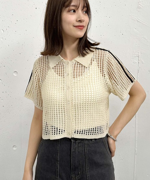 archives(アルシーヴ)の「ラインメッシュハーフスリーブポロニット(ニット/セーター・レディース・オレンジ/アイボリー/ブラック・MEDIUM)」の4枚目の写真