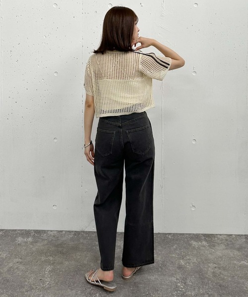 archives(アルシーヴ)の「ラインメッシュハーフスリーブポロニット(ニット/セーター・レディース・オレンジ/アイボリー/ブラック・MEDIUM)」の9枚目の写真