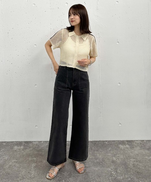 archives(アルシーヴ)の「ラインメッシュハーフスリーブポロニット(ニット/セーター・レディース・オレンジ/アイボリー/ブラック・MEDIUM)」の7枚目の写真