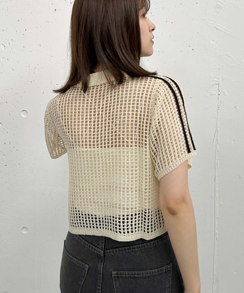 archives(アルシーヴ)の「ラインメッシュハーフスリーブポロニット(ニット/セーター・レディース・オレンジ/アイボリー/ブラック・MEDIUM)」の6枚目の写真