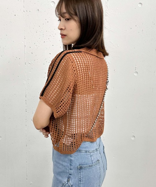 archives(アルシーヴ)の「ラインメッシュハーフスリーブポロニット(ニット/セーター・レディース・オレンジ/アイボリー/ブラック・MEDIUM)」の12枚目の写真