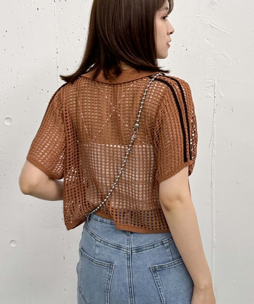 archives(アルシーヴ)の「ラインメッシュハーフスリーブポロニット(ニット/セーター・レディース・オレンジ/アイボリー/ブラック・MEDIUM)」の13枚目の写真