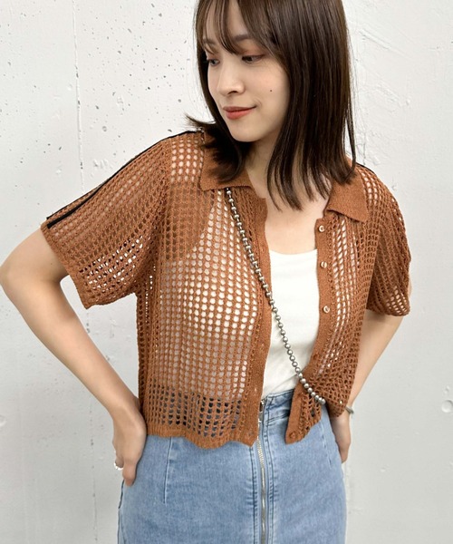 archives(アルシーヴ)の「ラインメッシュハーフスリーブポロニット(ニット/セーター・レディース・オレンジ/アイボリー/ブラック・MEDIUM)」の14枚目の写真