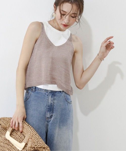 AMELY(エミリー)の「スパンコールニットビスチェ(タンクトップ・レディース・ベージュ/ブラウン/グレー/シルバー/ブラック・フリー)」の13枚目の写真