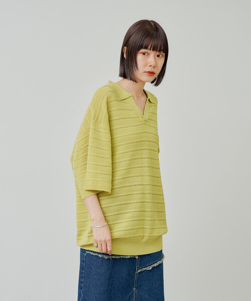 WHIMSIC（ウィムジック）の「【UNISEX】スキッパーネックメッシュジャガードニットプルオーバー（ニット/セーター・メンズ・ブルー/ブラック/アイボリー/イエロー・FREE）」の4枚目の写真