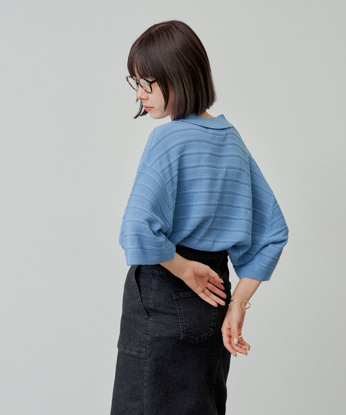 WHIMSIC（ウィムジック）の「【UNISEX】スキッパーネックメッシュジャガードニットプルオーバー（ニット/セーター・メンズ・ブルー/ブラック/アイボリー/イエロー・FREE）」の3枚目の写真