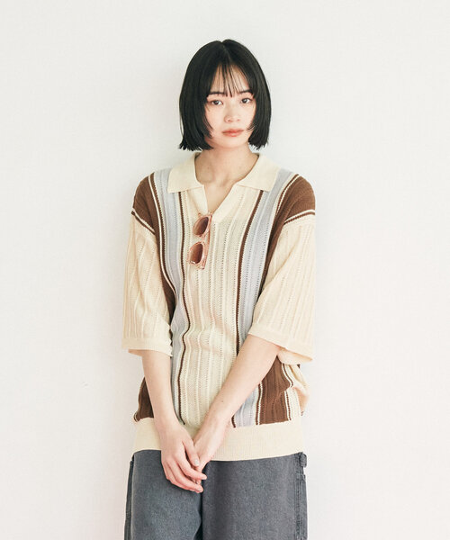 WHIMSIC（ウィムジック）の「【UNISEX】スキッパーネックメッシュジャガードニットプルオーバー（ニット/セーター・メンズ・ブルー/ブラック/アイボリー/イエロー・FREE）」の2枚目の写真