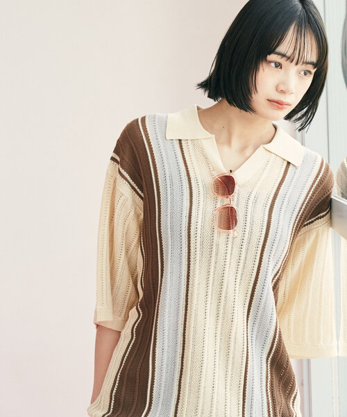 WHIMSIC（ウィムジック）の「【UNISEX】スキッパーネックメッシュジャガードニットプルオーバー（ニット/セーター・メンズ・ブルー/ブラック/アイボリー/イエロー・FREE）」の20枚目の写真