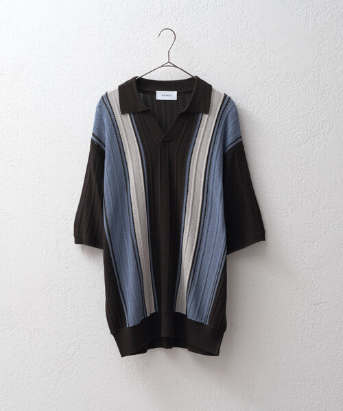 セール】【UNISEX】スキッパーネックメッシュジャガードニット