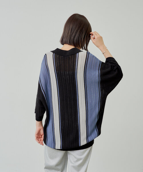 セール】【UNISEX】スキッパーネックメッシュジャガードニット