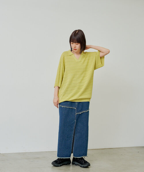 WHIMSIC（ウィムジック）の「【UNISEX】スキッパーネックメッシュジャガードニットプルオーバー（ニット/セーター・メンズ・ブルー/ブラック/アイボリー/イエロー・FREE）」の9枚目の写真