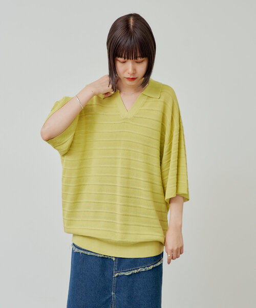 WHIMSIC（ウィムジック）の「【UNISEX】スキッパーネックメッシュジャガードニットプルオーバー（ニット/セーター・メンズ・ブルー/ブラック/アイボリー/イエロー・FREE）」の12枚目の写真