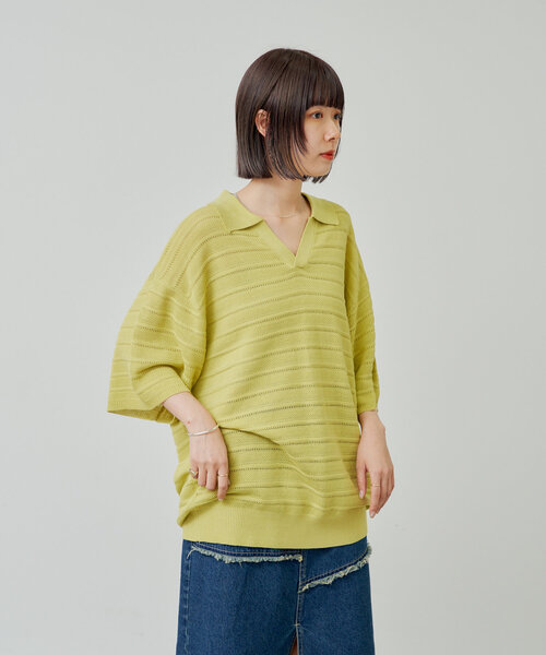 WHIMSIC（ウィムジック）の「【UNISEX】スキッパーネックメッシュジャガードニットプルオーバー（ニット/セーター・メンズ・ブルー/ブラック/アイボリー/イエロー・FREE）」の13枚目の写真