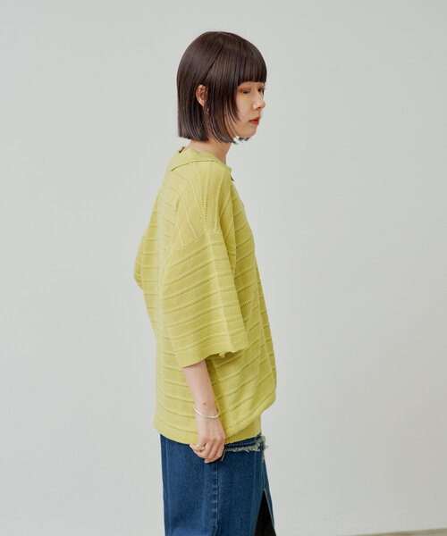 WHIMSIC（ウィムジック）の「【UNISEX】スキッパーネックメッシュジャガードニットプルオーバー（ニット/セーター・メンズ・ブルー/ブラック/アイボリー/イエロー・FREE）」の14枚目の写真
