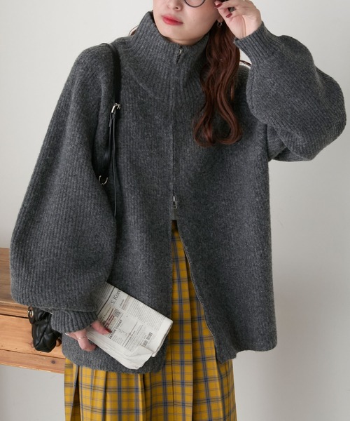 BONLECILL(ボンルシール)の「ウールストレッチダブルZIPドライバーズニットジャケット/ブルゾン(ニット/セーター・レディース・チャコールグレー/ブラウン/ベージュ/アイボリー・FREE)」の9枚目の写真