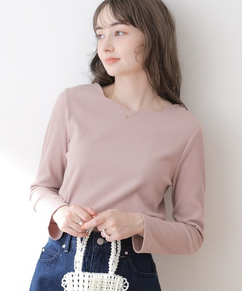 couture brooch（クチュールブローチ）の「◆【顔まわりスッキリ・マシンウォッシャブル】ハートネックテレコトップス（Tシャツ/カットソー・レディース・ブラック/オフホワイト/ピンク系・42/40/38）」の3枚目の写真