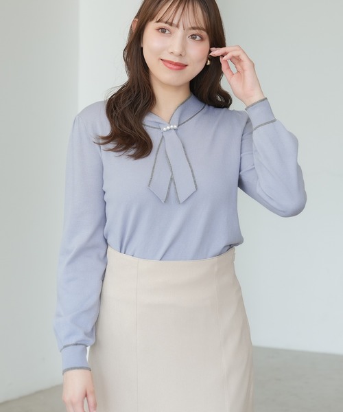 ASTORIA ODIER（アストリアオディール）の「パール装飾  配色ボウタイニットプルオーバー（ニット/セーター・レディース・グレイッシュブルー/ライトグレー/ブラック/アイボリー・MEDIUM/LARGE）」の6枚目の写真