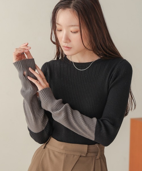 Bab(バブ)の「袖配色ラメニットトップス(ニット/セーター・レディース・グレイッシュベージュ/ブラック/ピンク/ベージュ/チャコールグレー・FREE)」の6枚目の写真