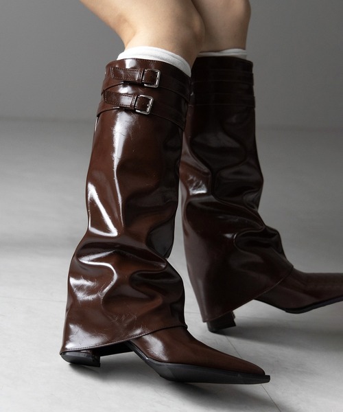 【 ３color 】ダブルベルトポインテッドトゥフェイクレザーカバーロングブーツ ／ double belt pointed toe fake leather covered long boots（ブーツ）｜me+em select（ミームセレクト）