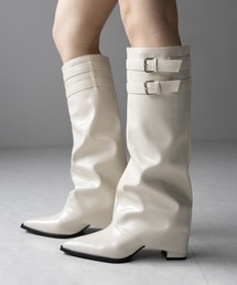 【 ３color 】ダブルベルトポインテッドトゥフェイクレザーカバーロングブーツ ／ double belt pointed toe fake leather covered long boots