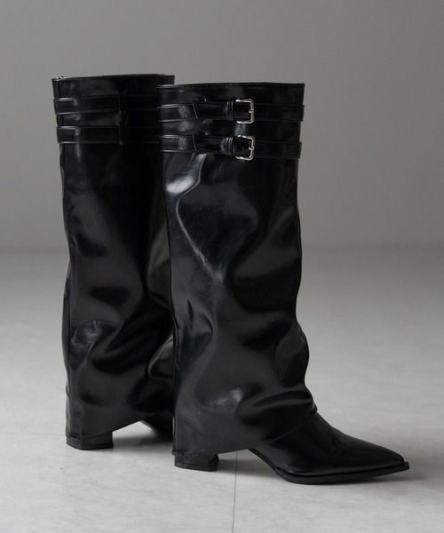 me+em select（ミームセレクト）の「【 ３color 】ダブルベルトポインテッドトゥフェイクレザーカバーロングブーツ ／ double belt pointed toe fake leather covered long boots（ブーツ・レディース・ブラック/アイボリー/ブラウン・37/38/39/40）」の8枚目の写真