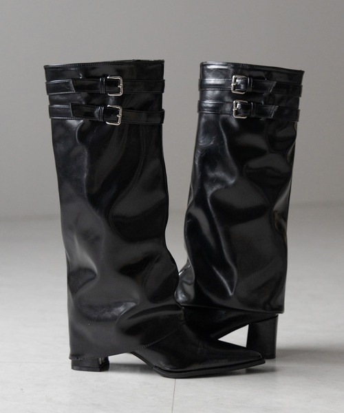 me+em select（ミームセレクト）の「【 ３color 】ダブルベルトポインテッドトゥフェイクレザーカバーロングブーツ ／ double belt pointed toe fake leather covered long boots（ブーツ・レディース・ブラック/アイボリー/ブラウン・37/38/39/40）」の6枚目の写真