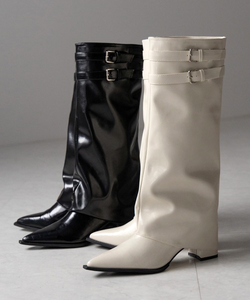 me+em select（ミームセレクト）の「【 ３color 】ダブルベルトポインテッドトゥフェイクレザーカバーロングブーツ ／ double belt pointed toe fake leather covered long boots（ブーツ・レディース・ブラック/アイボリー/ブラウン・37/38/39/40）」の21枚目の写真