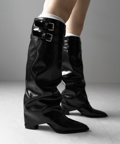me+em select（ミームセレクト）の「【 ３color 】ダブルベルトポインテッドトゥフェイクレザーカバーロングブーツ ／ double belt pointed toe fake leather covered long boots（ブーツ・レディース・ブラック/アイボリー/ブラウン・37/38/39/40）」の13枚目の写真