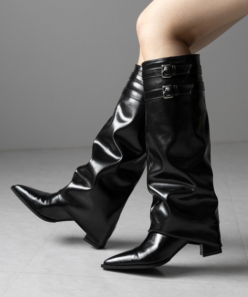 me+em select（ミームセレクト）の「【 ３color 】ダブルベルトポインテッドトゥフェイクレザーカバーロングブーツ ／ double belt pointed toe fake leather covered long boots（ブーツ・レディース・ブラック/アイボリー/ブラウン・37/38/39/40）」の20枚目の写真