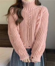 ラウンドネックフリンジ付きニット（ピンク） 手編みモヘアラウンドネックセーター チェリーピンク ニット