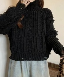 ハイネックフリンジダメージニットプルオーバー