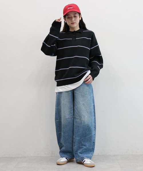 RAGEBLUE（レイジブルー）の「ラガーボーダーニットポロ（ニット/セーター・レディース・ブラック/グレー/ブルー・FREE）」の4枚目の写真