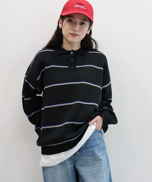 RAGEBLUE（レイジブルー）の「ラガーボーダーニットポロ（ニット/セーター・レディース・ブラック/グレー/ブルー・FREE）」の6枚目の写真