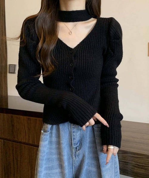 MAISON DE THERESE(メゾン ド テレーズ)の「Vネック リブカーディガン(ニット/セーター・レディース・キャメル/グリーン/レッド/ベージュ/ブラック/アイボリー・FREE)」の10枚目の写真