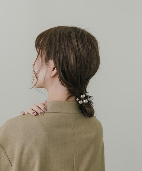 ヘアゴム ゴールドカラー メタルボール ペイルブルー ビーズ プラ