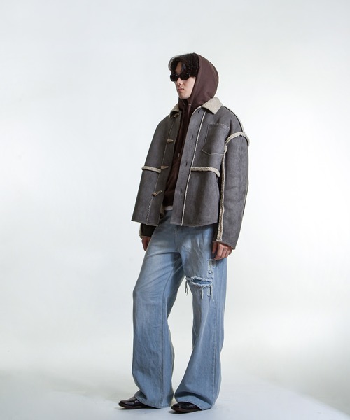 ZIP FIVE -White Line-(ジップファイブホワイトライン)の「【White Line】 オーバーサイズ ムートン ジャケット(ムートンコート・メンズ・ブラウン/ブラック/グレー・LARGE/MEDIUM/X-LARGE)」の13枚目の写真