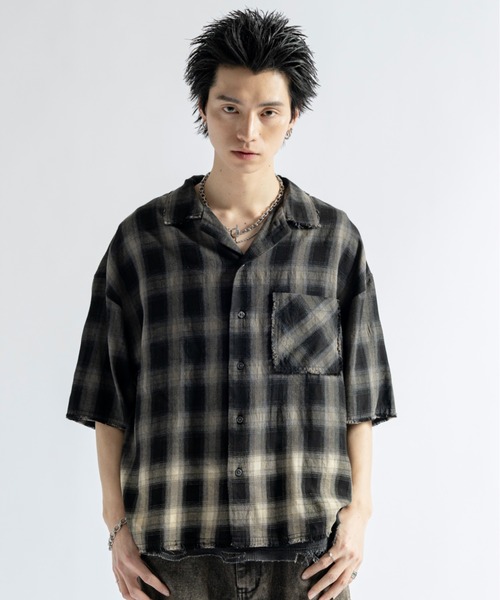 GRANCY 　シャーリングデザインブリーチチェックシャツ GRANCY】Shirring Design Bleach Check Shirt / シャーリング
