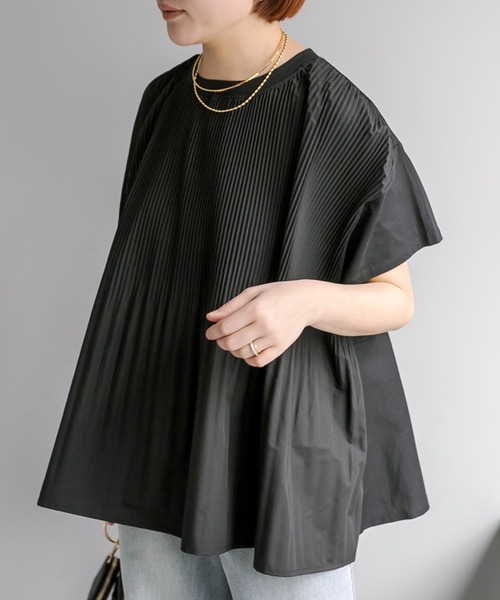 PUAL CE CIN(ピュアルセシン)の「【WEB限定/Du noir】フロントプリーツシルケットTシャツ(Tシャツ/カットソー・レディース・ブラック/オフホワイト・FREE)」の3枚目の写真