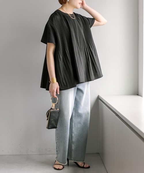 PUAL CE CIN(ピュアルセシン)の「【WEB限定/Du noir】フロントプリーツシルケットTシャツ(Tシャツ/カットソー・レディース・ブラック/オフホワイト・FREE)」の6枚目の写真