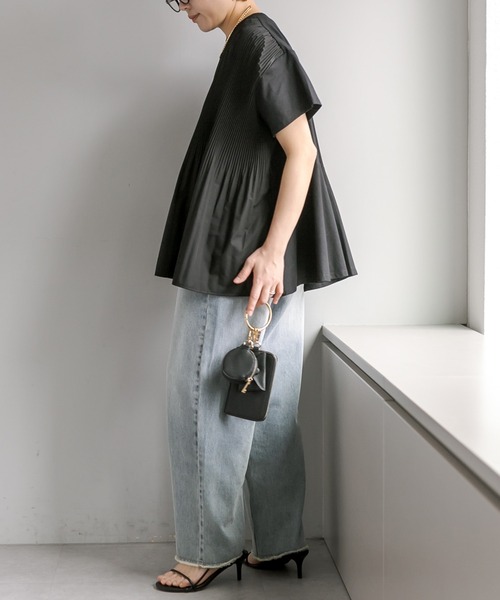 PUAL CE CIN(ピュアルセシン)の「【WEB限定/Du noir】フロントプリーツシルケットTシャツ(Tシャツ/カットソー・レディース・ブラック/オフホワイト・FREE)」の7枚目の写真