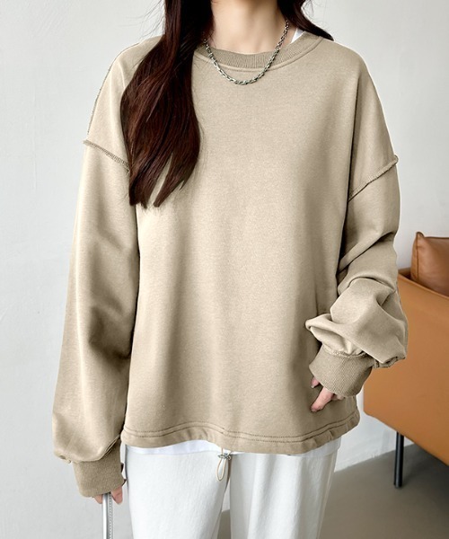 COCOMOMO(ココモモ)の「【6色展開】 ドローコードスウェット オーバーサイズ トレーナー ボリューム袖トップス(スウェット・レディース・ベージュ/ブラック/グリーン/ダークブラウン/ライトグレー/ホワイト・FREE)」の7枚目の写真