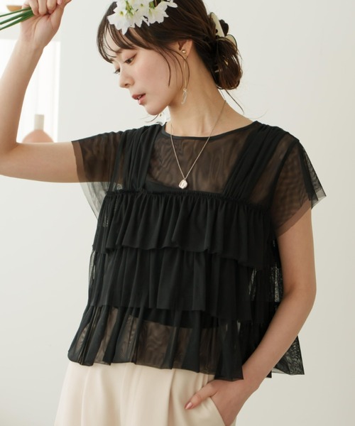 新品、タグ付き チュールフリルフレンチスリーブトップス　hinari チュールフリルフレンチスリーブトップス（Tシャツ/カットソー