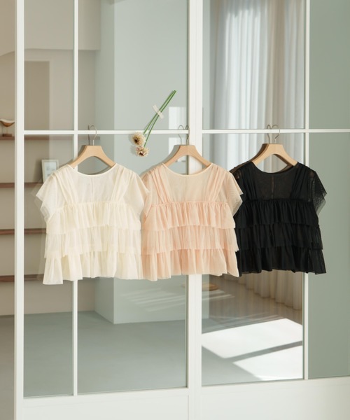hinari（ヒナリ）の「チュールフリルフレンチスリーブトップス（Tシャツ/カットソー・レディース・ピンクベージュ/ブラック/アイボリー・FREE/SMALL）」の18枚目の写真