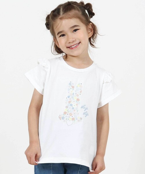 FUTUMAMO フリル付きウサギTシャツ 半袖 アイボリー アニマルウサギフロント刺しゅうホットフィックスモチーフ肩